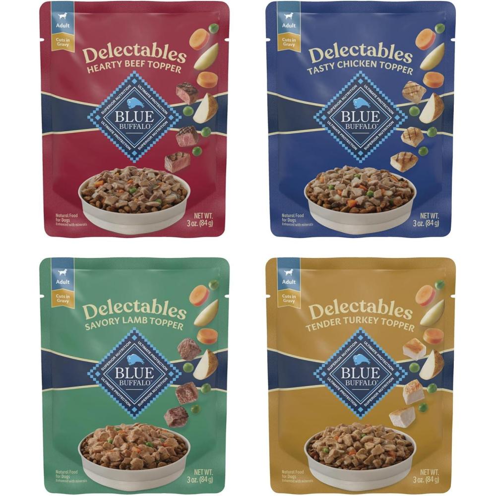 imageBlue Buffalo Delectables Natural Wet Dog Food Toppers Variety Pack Tasty Chicken amp Hearty Beef Cuts in Gravy 3oz 12 Pouches 6 of Each FlavorChicken Beef Turkey Lamb