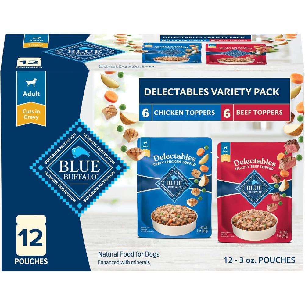 imageBlue Buffalo Delectables Natural Wet Dog Food Toppers Variety Pack Tasty Chicken amp Hearty Beef Cuts in Gravy 3oz 12 Pouches 6 of Each FlavorChicken Beef