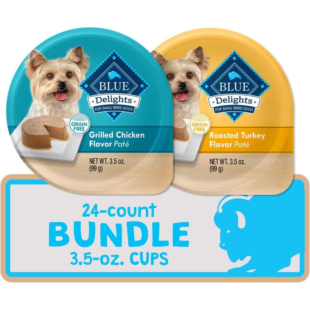imageBlue Buffalo Delights Natural Adult Small Breed Wet Dog Food Variety Pack Made with Natural Ingredients Filet Mignon Flavor Pat amp Porterhouse Flavor Pat 35oz Cups 12 Count 6 of EachVariety Pack Grilled Chicken Roasted Turkey
