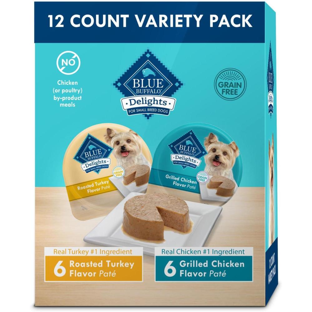 imageBlue Buffalo Delights Natural Adult Small Breed Wet Dog Food Variety Pack Made with Natural Ingredients Filet Mignon Flavor Pat amp Porterhouse Flavor Pat 35oz Cups 12 Count 6 of EachRoasted Turkey Grilled Chicken