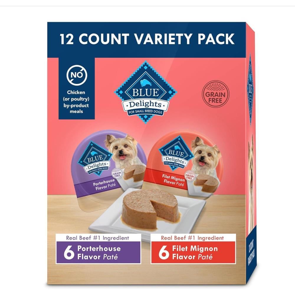 imageBlue Buffalo Delights Natural Adult Small Breed Wet Dog Food Variety Pack Made with Natural Ingredients Filet Mignon Flavor Pat amp Porterhouse Flavor Pat 35oz Cups 12 Count 6 of EachFilet Mignon Porterhouse