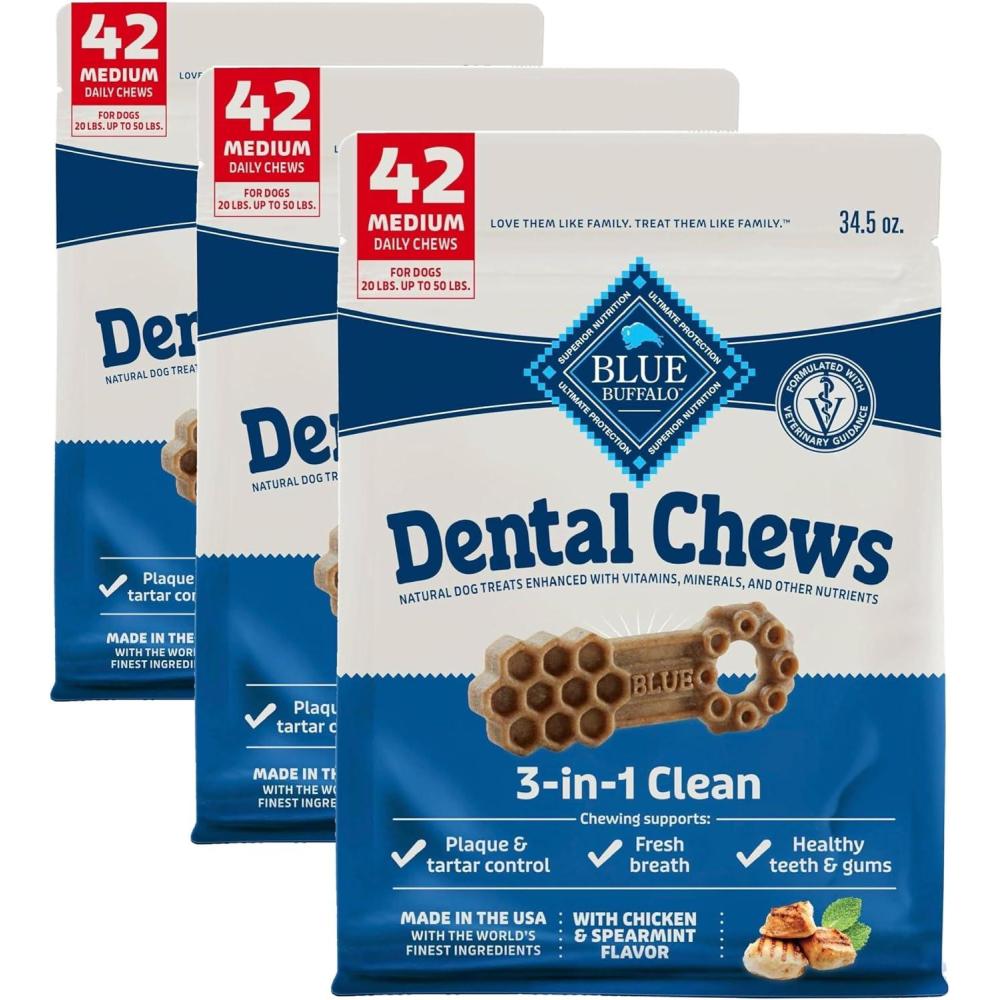 imageBlue Buffalo Dental Chews Medium Natural Dog Treats Chicken amp Spearmint 345oz Bag 42 Count345 Ounce 42 Count Pack of 3