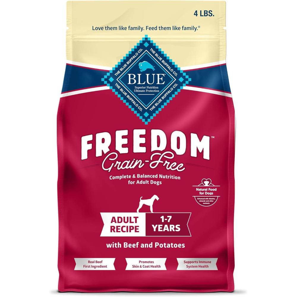 imageBlue Buffalo Freedom GrainFree Dry Dog Food Complete amp Balanced Nutrition for Adult Dogs Made in the USA with Natural Ingredients Beef amp Potatoes 4lb Bag4 Pound Pack of 1