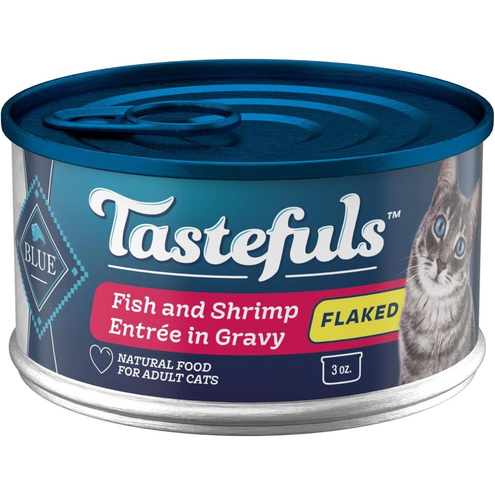 imageBlue Buffalo Tastefuls Flaked Wet Cat Food Variety Pack Made with Natural Ingredients Tuna Chicken Fish amp Shrimp 3oz Cans 12 Count 4 of EachFish Shrimp