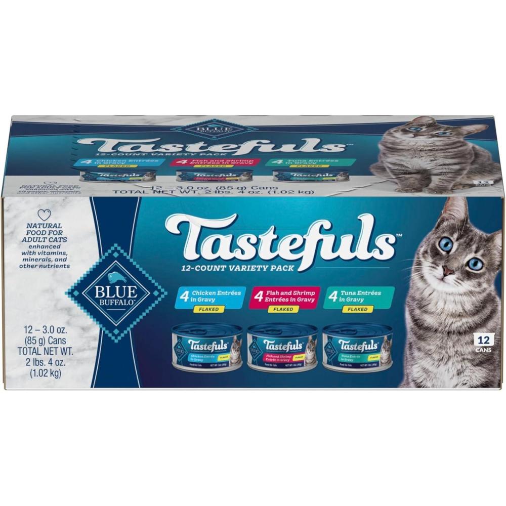 imageBlue Buffalo Tastefuls Flaked Wet Cat Food Variety Pack Made with Natural Ingredients Tuna Chicken Fish amp Shrimp 3oz Cans 12 Count 4 of EachVariety Pack Tuna  Chicken  Fish  Shrimp