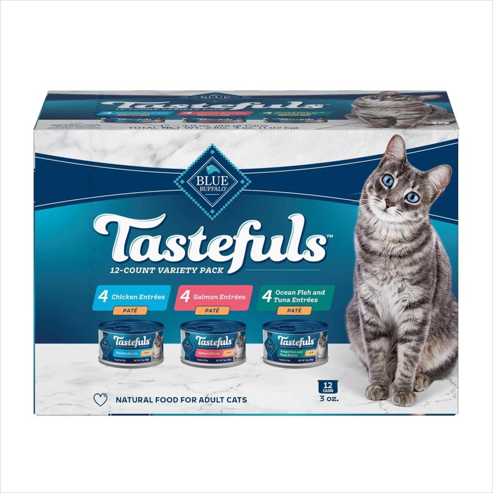 imageBlue Buffalo Tastefuls Wet Cat Food Pat Variety Pack Chicken Turkey amp Chicken Ocean Fish amp Tuna 55 oz Cans 12 CountSalmon Chicken Ocean Fish Tuna
