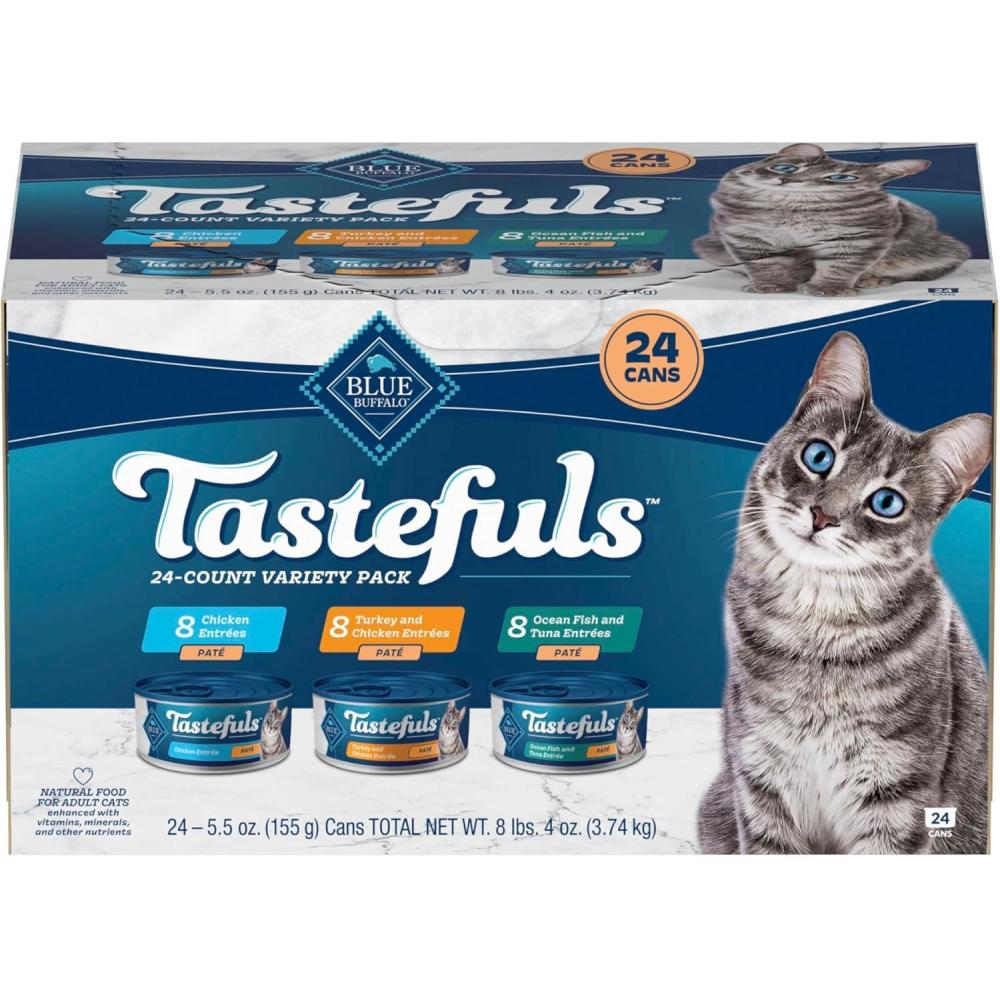 imageBlue Buffalo Tastefuls Wet Cat Food Pat Variety Pack Made with Natural Ingredients Chicken Turkey amp Chicken Ocean Fish amp Tuna Entres 55oz Cans 24 Count 8 of EachChicken Turkey Chicken Ocean Fish Tuna Variety Pack