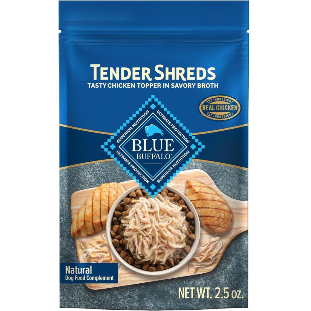 imageBlue Buffalo Tender Shreds Tasty Chicken Topper and Beef amp Chicken Topper Natural Dog Food Complement 25oz Pouch 12Count Variety PackChicken