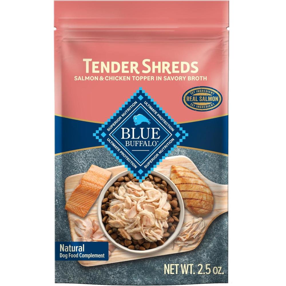 imageBlue Buffalo Tender Shreds Tasty Chicken Topper and Beef amp Chicken Topper Natural Dog Food Complement 25oz Pouch 12Count Variety PackSalmon Chicken