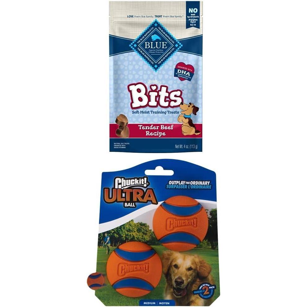 imageBlue Buffalo Valentines Day Dog Treats Gift Set Blue Bits Natural SoftMoist Training Dog Treats Beef Recipe with Chuckit Ultra Balls