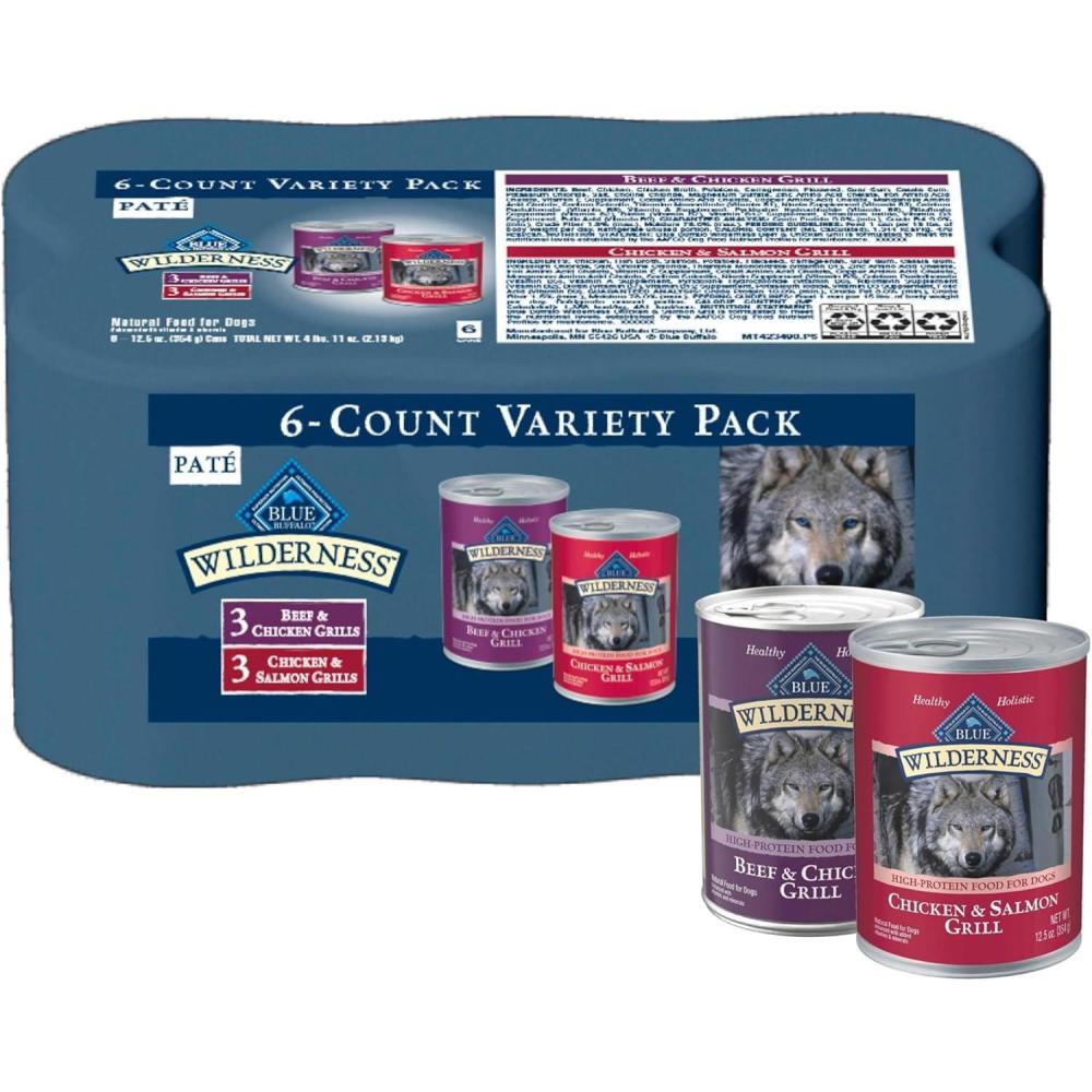 imageBlue Buffalo Wilderness High Protein Beef and Chicken amp Salmon and Chicken Wet Dog Food Variety Pack for Adult Dogs GrainFree 125 oz Cans 6 Pack125 Ounce Pack of 6