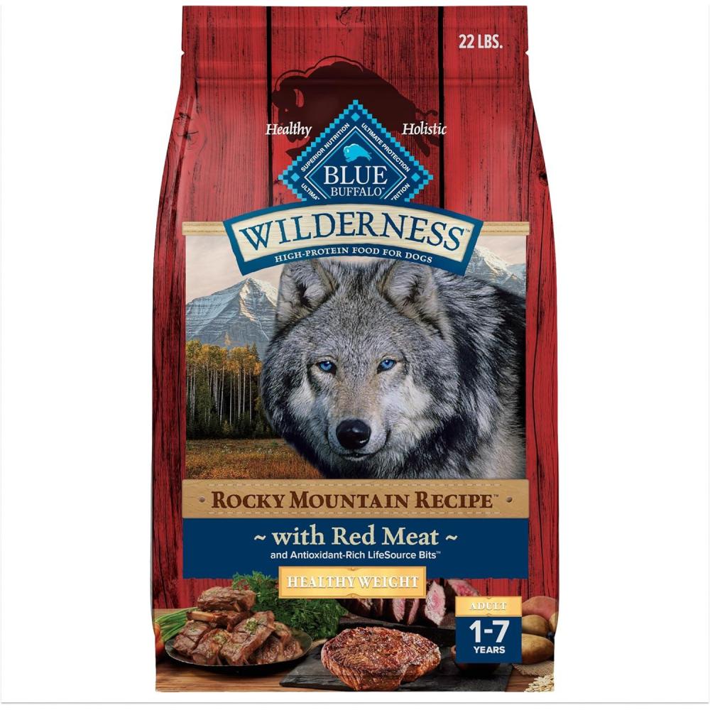 imageBlue Buffalo Wilderness HighProtein Rocky Mountain Recipe Healthy Weight Dry Food for Adult Dogs Red Meat 28lb BagRed Meat with Grain