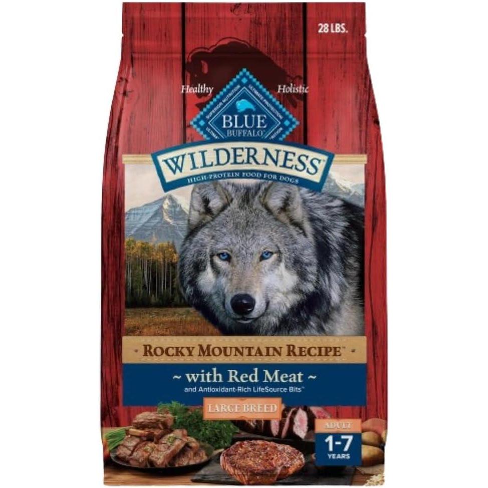 imageBlue Buffalo Wilderness Natural HighProtein Dry Food for Adult Dogs with Wholesome Grains Salmon 28lb BagRed Meat with Grain