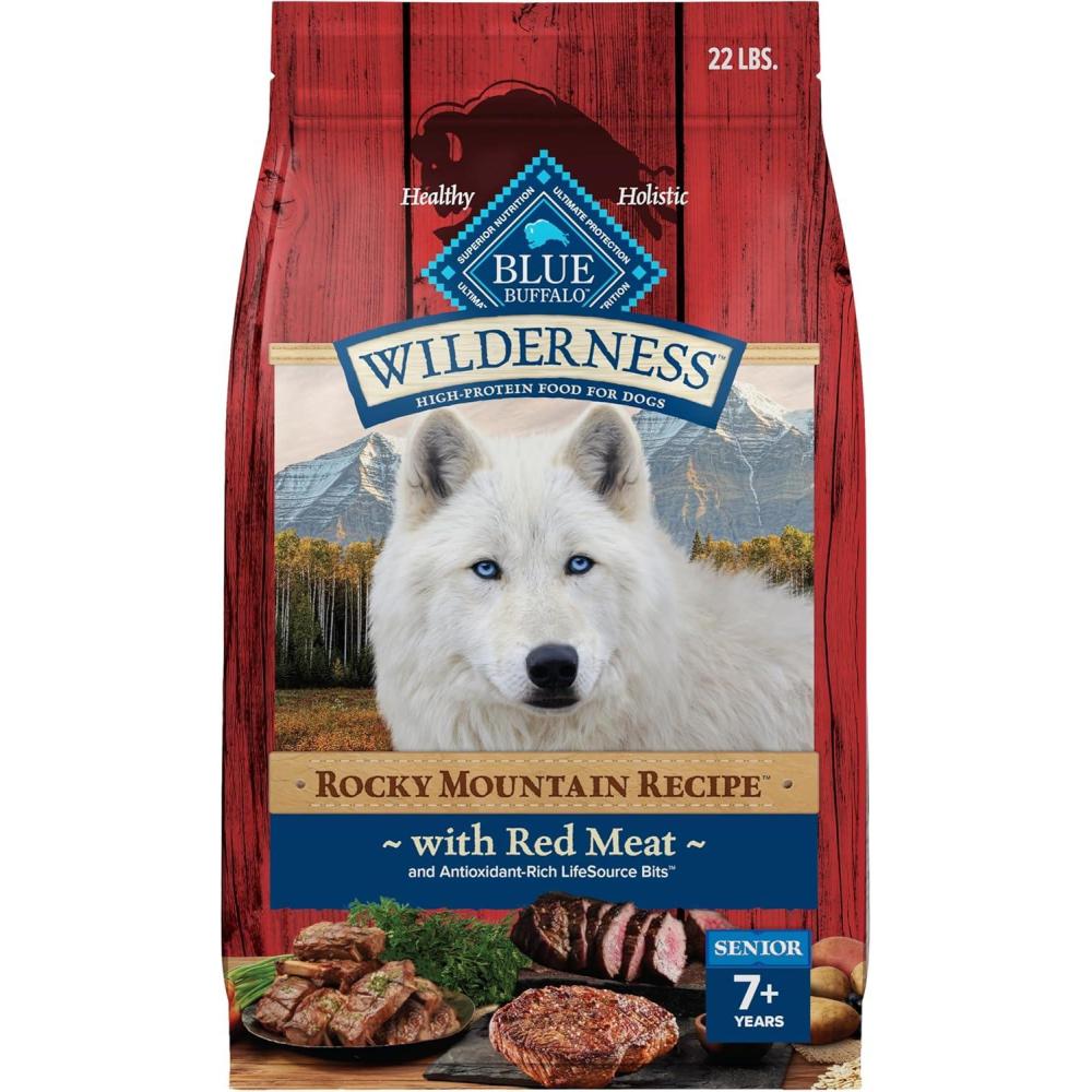 imageBlue Buffalo Wilderness Rocky Mountain Recipe HighProtein Senior Dry Dog Food Made in The USA with Natural Ingredients Plus Wholesome Grains Red Meat 22lb BagRed Meat with Grain