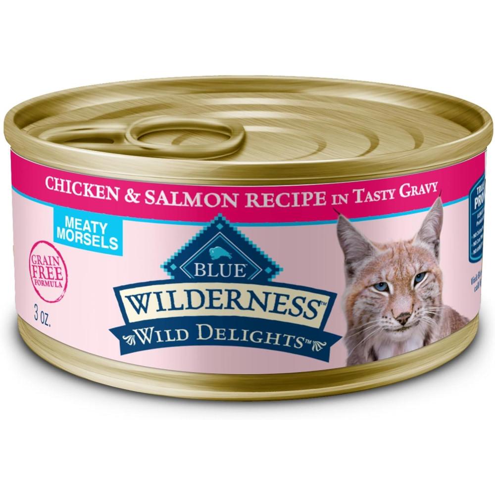 imageBlue Buffalo Wilderness Wild Delights Meaty Morsels Natural Wet Cat Food Chicken amp Salmon in Tasty Gravy 3oz Cans 24PackChicken Salmon