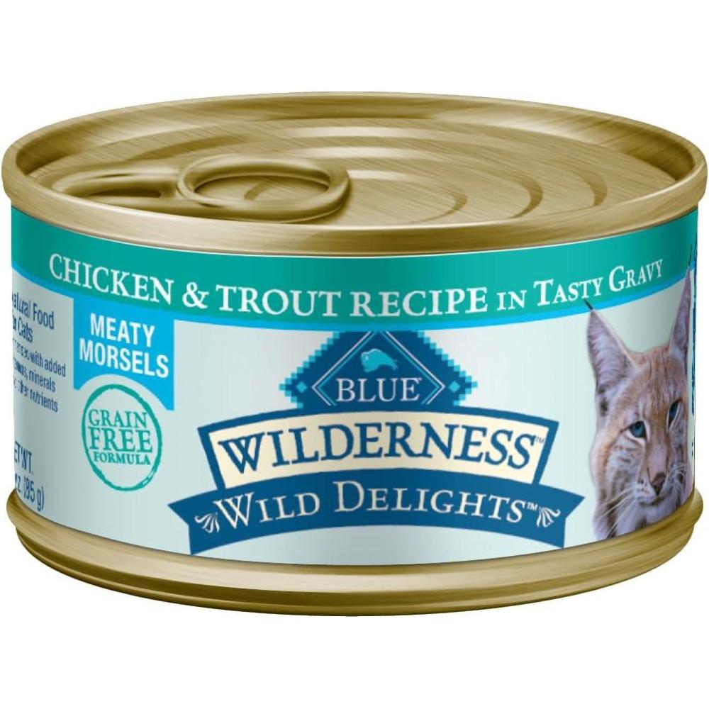 imageBlue Buffalo Wilderness Wild Delights Meaty Morsels Natural Wet Cat Food Chicken amp Salmon in Tasty Gravy 3oz Cans 24PackChicken  Trout