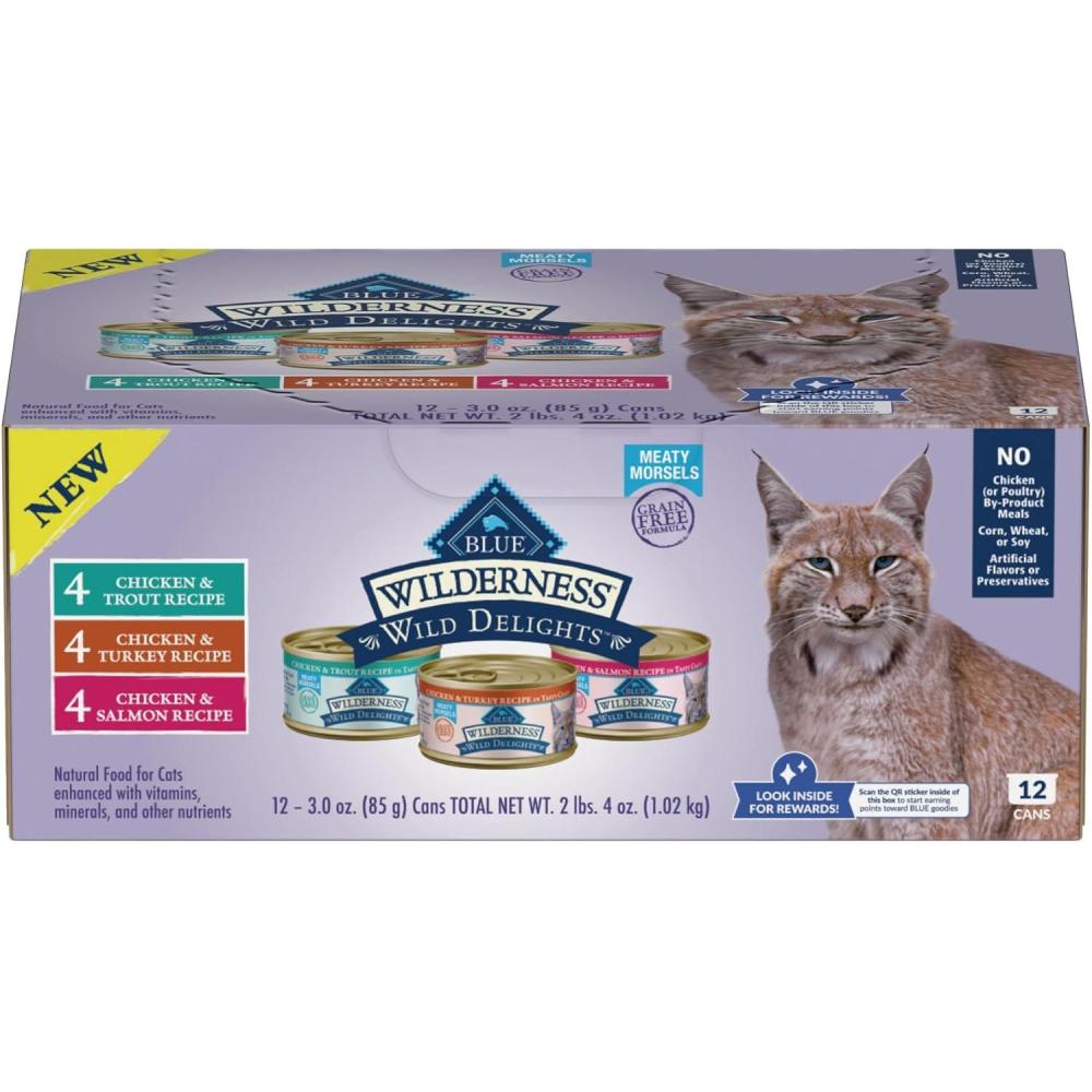 imageBlue Buffalo Wilderness Wild Delights Meaty Morsels Natural Wet Cat Food Chicken amp Salmon in Tasty Gravy 3oz Cans 24PackVariety Pack
