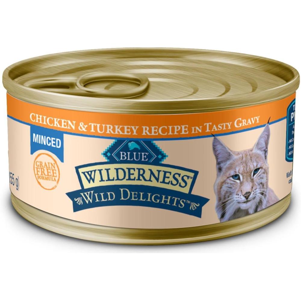 imageBlue Buffalo Wilderness Wild Delights Minced Natural Wet Cat Food Chicken amp Turkey in Tasty Gravy 55oz Cans 24PackChicken Turkey