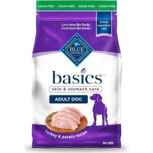 Blue Buffalo Basics Grain-Free Adult Dry Dog Food, Skin & Stomach Care, Limited Ingredient Diet for Dogs, Turkey Recipe, 24-lb. Bag(24 Pound (Pack of 1))