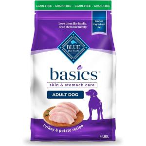 Blue Buffalo Basics Grain-Free Adult Dry Dog Food, Skin & Stomach Care, Limited Ingredient Diet for Dogs, Turkey Recipe, 4-lb. Bag(Turkey & Potato)