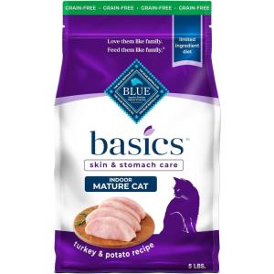 Blue Buffalo Basics Grain-Free Dry Cat Food, Skin & Stomach Care, Limited Ingredient Diet for Mature Indoor Cats, Turkey & Potato Recipe, 11-lb. Bag(Turkey & Potato)
