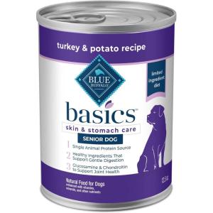 Blue Buffalo Basics Grain-Free Senior Wet Dog Food, Skin & Stomach Care, Limited Ingredient Diet, Turkey Recipe, 12.5-oz. Cans, 12 Count