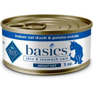 Blue Buffalo Basics Grain-Free Wet Cat Food, Skin & Stomach Care, Limited Ingredient Diet for Indoor Cats, Duck & Potato Entrée, 3-oz Cans (24 Count)(Duck)