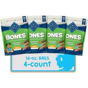 Blue Buffalo Bones Small Natural Dog Treats, Crunchy Dog Biscuits, Assorted Flavors – Beef, Chicken, Bacon Flavors, 16-oz. Bag (4 Pack)(Variety Pack (Small Biscuits  For Dogs 15+ lbs): Beef  Chicken  & Bacon)