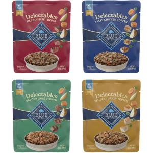 Blue Buffalo Delectables Natural Wet Dog Food Toppers Variety Pack, Tasty Chicken & Hearty Beef, Cuts in Gravy, 3-oz. (12 Pouches, 6 of Each Flavor)(Chicken  Beef  Turkey & Lamb)
