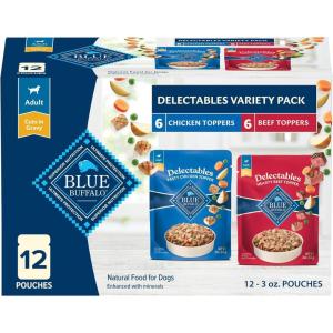 Blue Buffalo Delectables Natural Wet Dog Food Toppers Variety Pack, Tasty Chicken & Hearty Beef, Cuts in Gravy, 3-oz. (12 Pouches, 6 of Each Flavor)(Chicken & Beef)