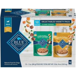 Blue Buffalo Delectables Natural Wet Dog Food Toppers Variety Pack, Tasty Chicken & Hearty Beef, Cuts in Gravy, 3-oz. (12 Pouches, 6 of Each Flavor)(Lamb & Turkey)