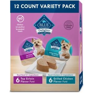 Blue Buffalo Delights Natural Adult Small Breed Wet Dog Food Variety Pack, Made with Natural Ingredients, Filet Mignon Flavor Paté & Porterhouse Flavor Paté, 3.5-oz. Cups (12 Count, 6 of Each)(Top Sirloin & Grilled Chicken)