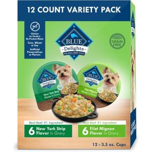 Blue Buffalo Delights Small Breed Natural Wet Dog Food, Filet Mignon Flavor in Gravy, 3.5-oz Cups, 12 Count(Variety Pack: Filet Mignon & New York Strip)