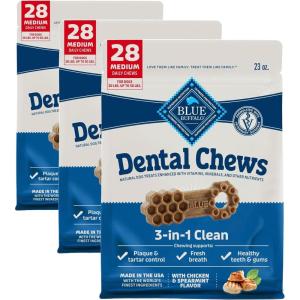 Blue Buffalo Dental Chews Medium Natural Dog Treats, Chicken & Spearmint 34.5-oz Bag (42 Count)(23 Ounce (28 Count)(Pack of 3))