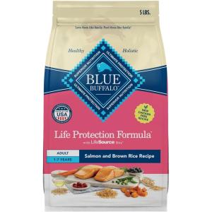 Blue Buffalo Life Protection Formula Adult Dry Dog Food, Helps Build and Maintain Strong Muscles, Made with Natural Ingredients, Chicken & Brown Rice Recipe, 5-lb. Bag(Salmon  Chicken-Free)