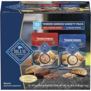Blue Buffalo Tender Shreds Tasty Chicken Topper and Beef & Chicken Topper Natural Dog Food Complement, 2.5-oz. Pouch, 12-Count Variety Pack(Beef & Chicken)
