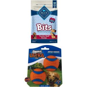 Blue Buffalo Valentines Day Dog Treats Gift Set Blue Bits Natural Soft-Moist Training Dog Treats, Beef Recipe with Chuckit! Ultra Balls