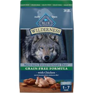 Blue Buffalo Wilderness High Protein Grain Free Dry Food for Adult Dogs, 34% Protein, with Chicken, 34 lb. Bag