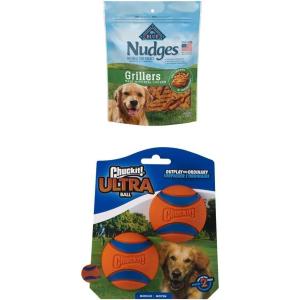 Nudges Game Day Kit for Your Dog (Chuckit! Ultra Ball with Blue Buffalo Grillers Natural Dog Treats, Chicken)