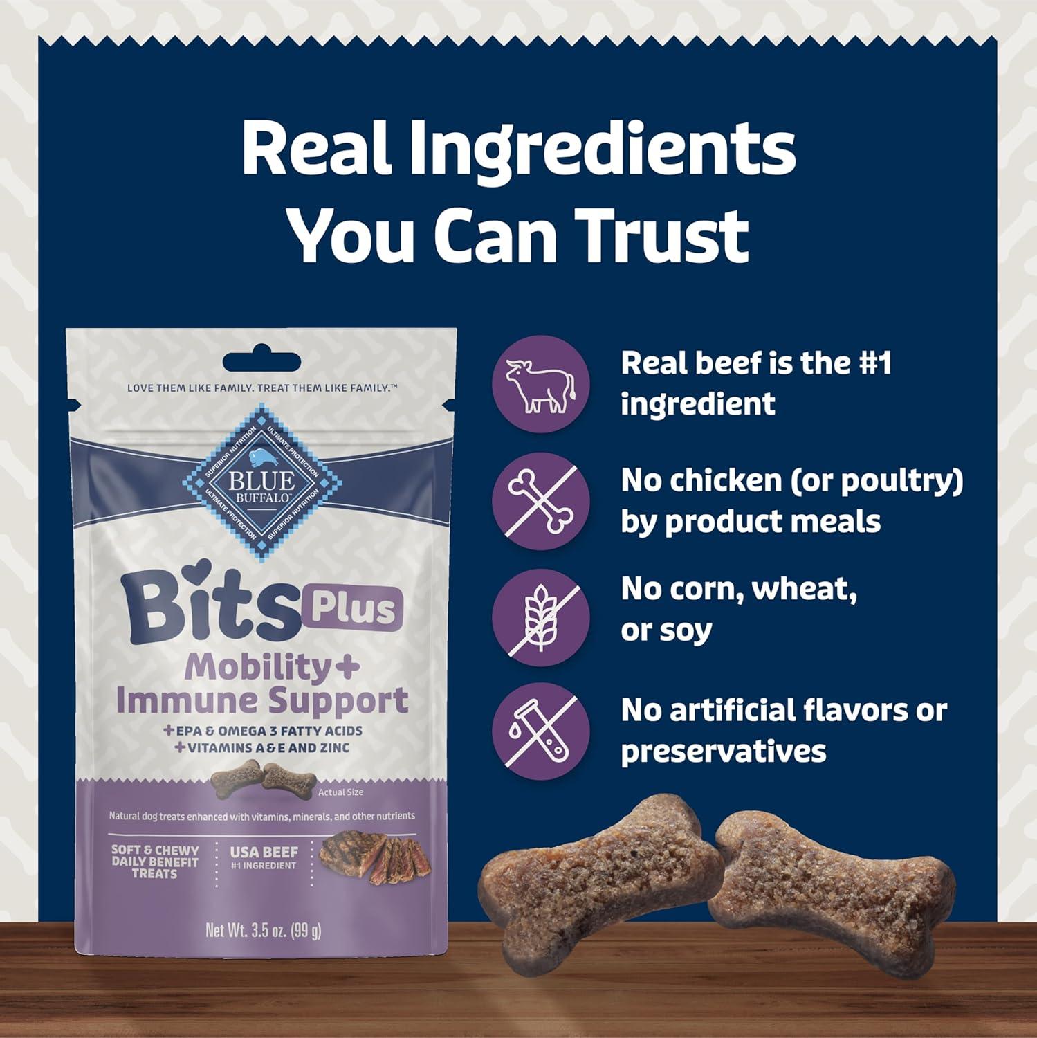 imageBlue Buffalo Blue Bits Plus Mobility and Immune Support Daily Benefit Dog Treats Soft amp Chewy Beef Morsels 35oz BagBeef