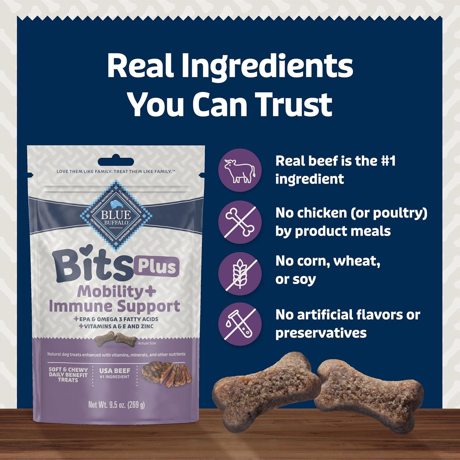 imageBlue Buffalo Blue Bits Plus Mobility and Immune Support Daily Benefit Dog Treats Soft amp Chewy Beef Morsels 35oz BagBeef