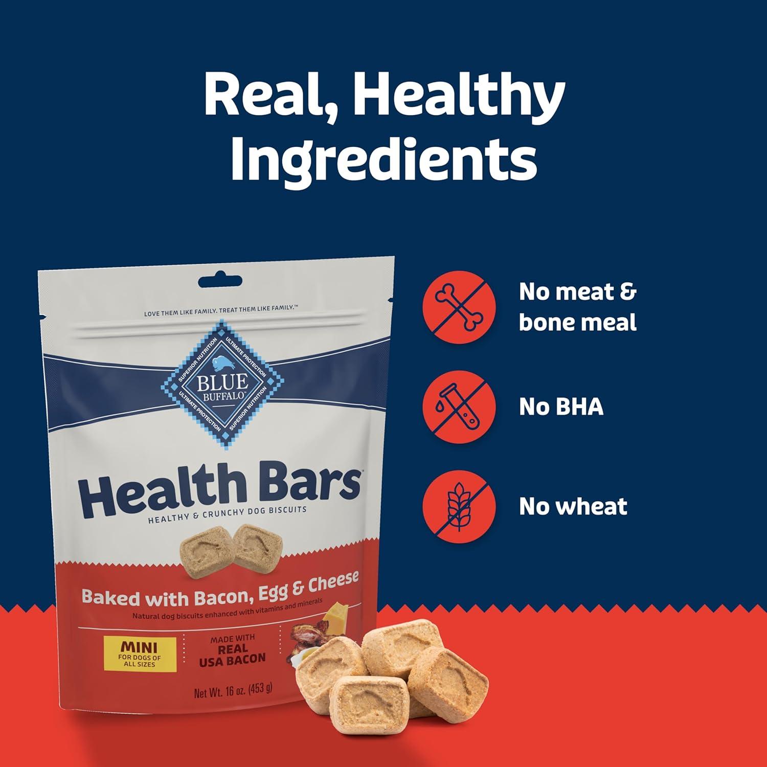 imageBlue Buffalo Health Bars Mini Crunchy Dog Biscuits OvenBaked with Natural Ingredients Bacon Egg amp Cheese 16oz BagBacon Egg Cheese