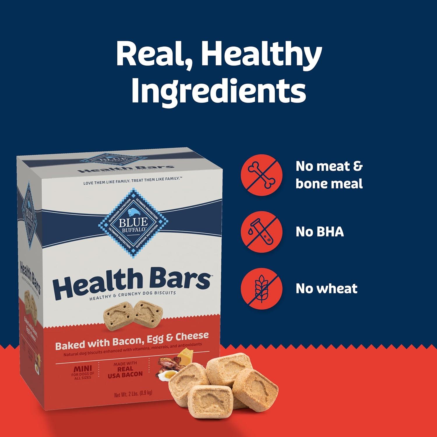 imageBlue Buffalo Health Bars Mini Crunchy Dog Biscuits OvenBaked with Natural Ingredients Bacon Egg amp Cheese 32oz BagMINI Bacon Egg Cheese