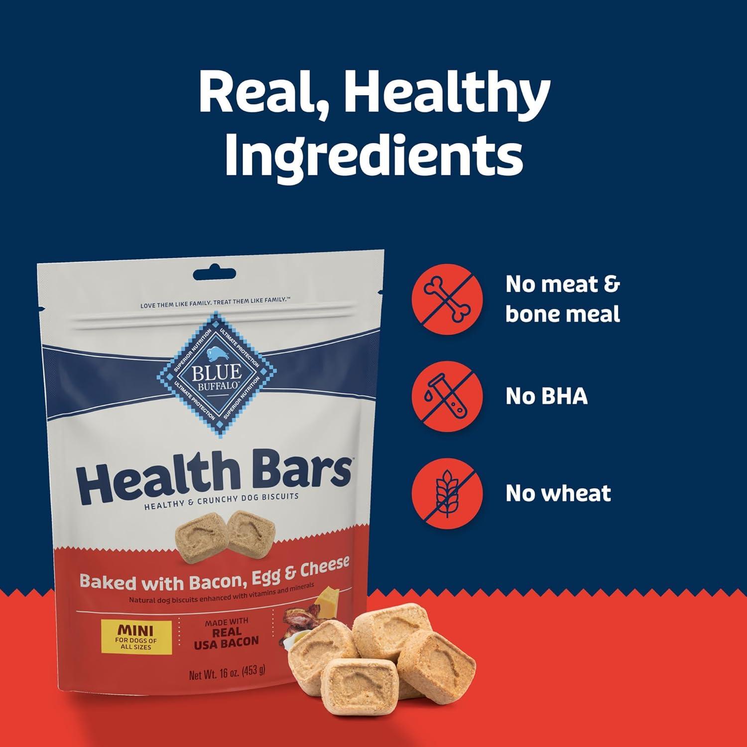 imageBlue Buffalo Health Bars Mini Crunchy Dog Biscuits OvenBaked with Natural Ingredients Bacon Egg amp Cheese 32oz BagMINI Bacon Egg Cheese