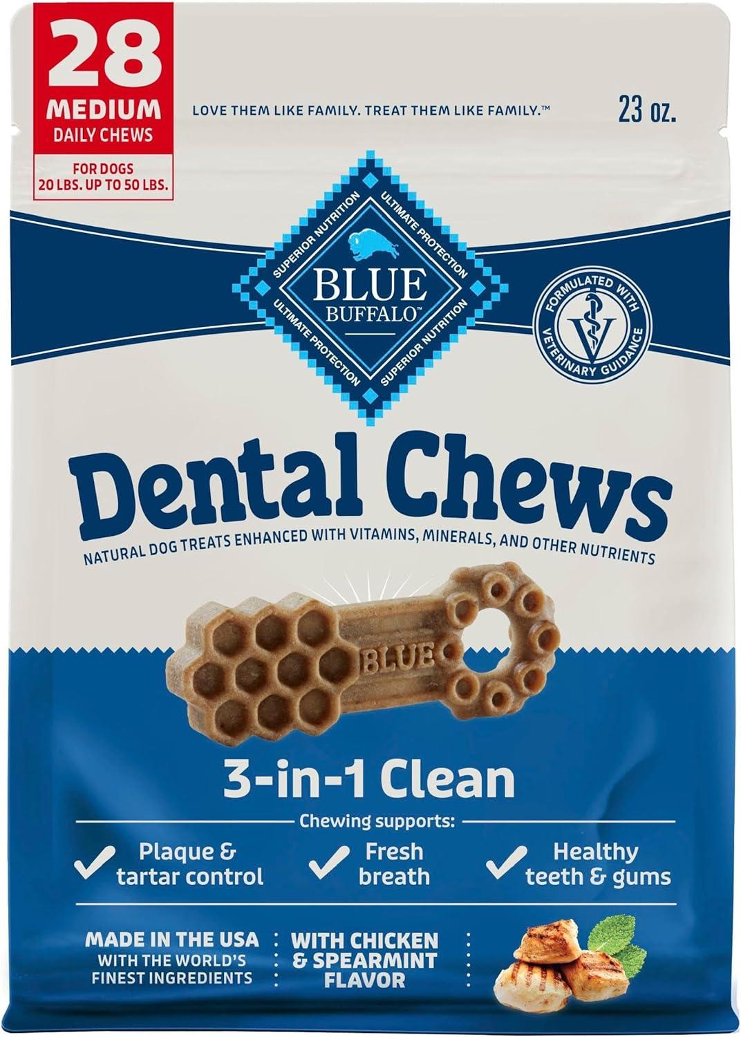 imageBlue Buffalo Medium Dental Chews Bundle Natural Dog Treats Enhanced with Vitamins Minerals and Other Nutrients Two 23 oz BagsChicken Spearmint Medium Bones