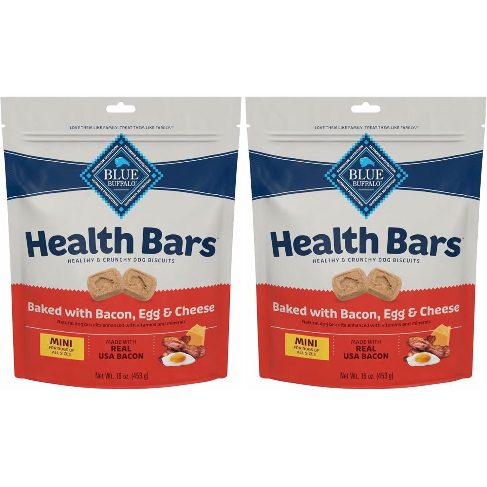 imageBlue Buffalo Health Bars Mini Crunchy Dog Biscuits OvenBaked with Natural Ingredients Bacon Egg amp Cheese 16oz BagBacon  Egg  Cheese