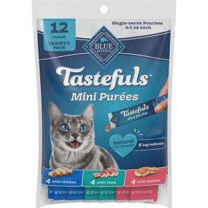 Blue Buffalo Tastefuls Mini Purées Natural Cat Treats, Chicken and Tuna Variety Pack, 0.5 oz. Single Servings, 4-Count(Variety Pack: Chicken  Tuna & Salmon)