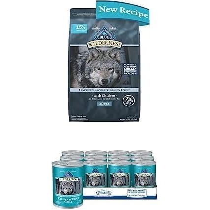 image:imageBlue Buffalo Wilderness High Protein Natural Adult Dry Dog Food Chicken 24 lb Bag Wilderness High Protein Natural Adult Wet Dog Food Trout amp Chicken Grill 125oz cans Pack of 12