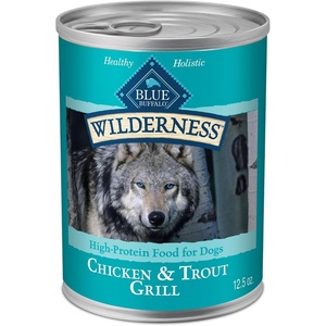 Blue Buffalo Wilderness Adult Wet Dog Food,High-Protein & Grain-Free,Made with Natural Ingredients,Salmon & Chicken Grill,12.5-oz. Cans,(Pack of 24)(Trout and Chicken)