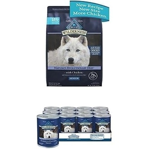 Bundle of Blue Buffalo Wilderness High Protein Natural Senior Dry Dog Food Plus Wholesome Grains, Chicken 13 lb Bag + Wet Dog Food, Turkey & Chicken Grill 12.5-oz cans (Pack of 12)